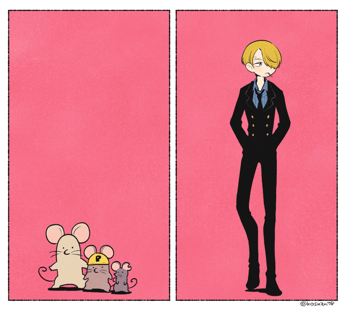 mitsubachi koucha, sanji (one piece), one piece, commentary, 1boy, black necktie, black suit, blue shirt, cigarette, collared shirt, curly eyebrows, formal clothes, full body, hands in pockets, hat, looking to the side, mouse (animal), necktie, pink background, shirt, simple background, suit, twitter username, whiskers