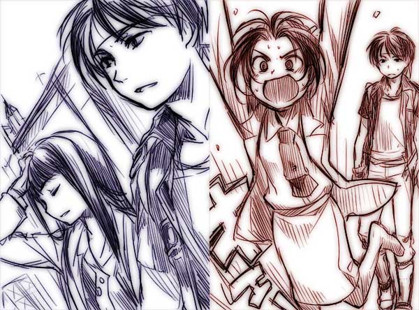 ame yamori, constance magee, dorothy magee-hauser, orphen, majutsushi orphen, 1boy, 2girls, closed eyes, headband, long hair, monochrome, multiple girls, multiple monochrome, open mouth, purple theme, red theme, sketch