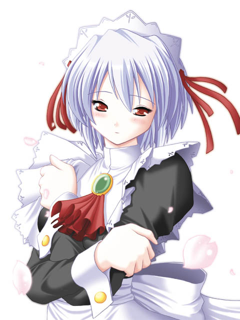 keito (keito-ya), kotonomiya yuki, f&c, suigetsu, archived source, commentary request, 1girl, apron, aqua hair, ascot, back ribbon, black dress, black sleeves, brooch, buttoned cuffs, buttons, cherry blossoms, closed mouth, contrast collar, crossed arms, dated commentary, dot nose, dress, expressionless, eyelashes, gem, gold buttons, green gemstone, hair between eyes, hand on own arm, headdress, high collar, jewelry, juliet sleeves, light particles, long sleeves, maid, maid apron, maid headdress, medium hair, pink petals, puffy sleeves, puritan collar, red ascot, red eyes, red ribbon, ribbon, simple background, turtleneck, upper body, waist ribbon, white apron, white background, white headdress