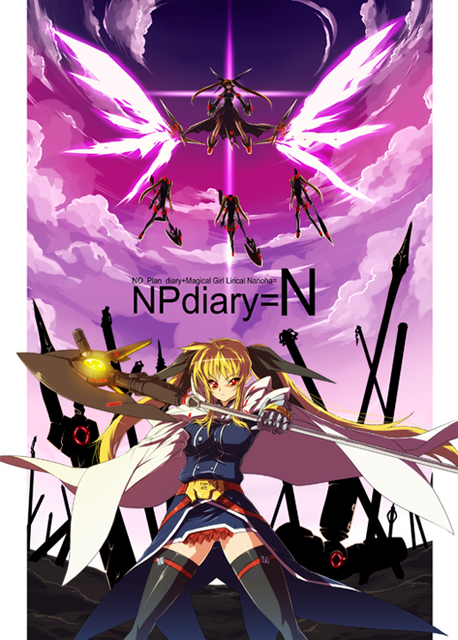 nekomamire, bardiche (nanoha), fate testarossa, fate testarossa (impulse form), raising heart, takamachi nanoha, lyrical nanoha, mahou shoujo lyrical nanoha, mahou shoujo lyrical nanoha strikers, 00s, 2girls, alternate weapon, blonde hair, cape, coat, gauntlets, magical girl, multiple girls, thighhighs, twintails, weapon, white devil, wings