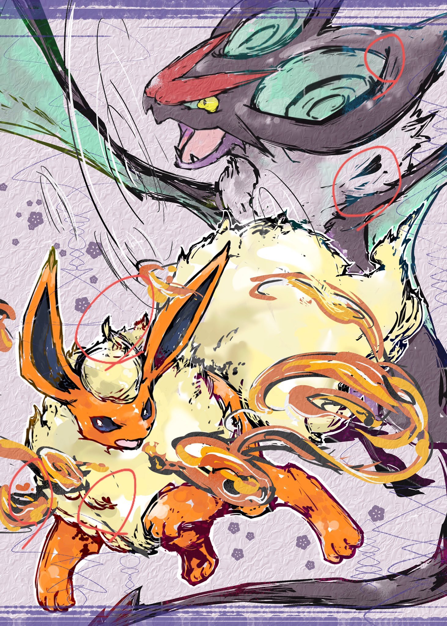 bwmtk1110, flareon, noivern, nintendo, pokemon, highres, animal focus, animal hands, bat (animal), blue eyes, border, claws, dragon, fangs, fire, fluffy, flying, full body, gen 1 pokemon, gen 6 pokemon, looking at viewer, neck fur, no humans, open mouth, orange fur, pokemon (creature), pokemon focus, purple background, purple border, simple background, standing, wings, wyvern, yellow eyes, yellow fur