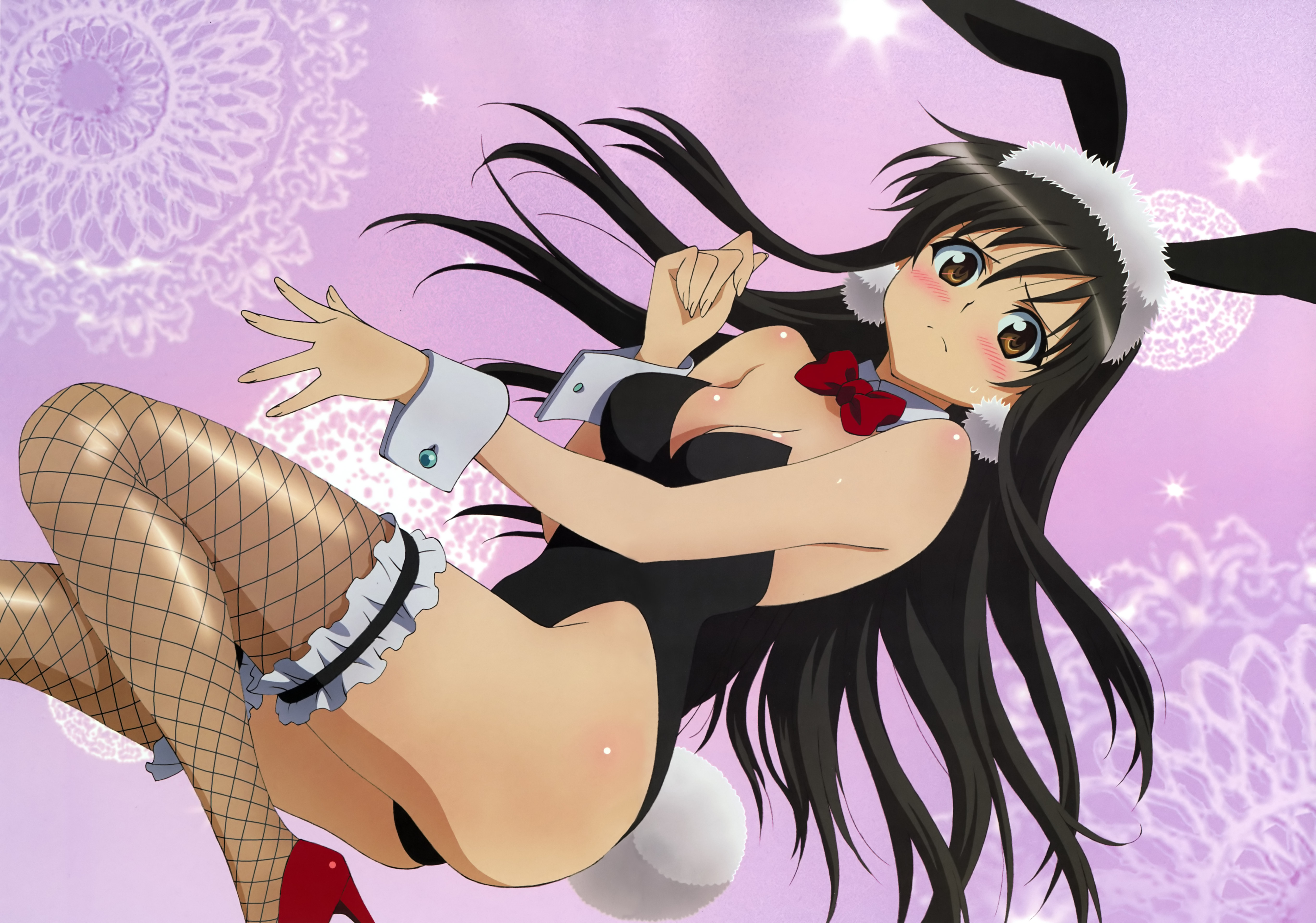 kotegawa yui, medicine melancholy, to love-ru, absurdres, highres, non-web source, 00s, 1girl, animal ears, black hair, blush, bow, breasts, brown eyes, brown hair, cleavage, fake animal ears, female focus, fishnet thighhighs, fishnets, frilled thighhighs, frills, high heels, long hair, medium breasts, playboy bunny, rabbit ears, shoes, solo, thighhighs, very long hair, wrist cuffs