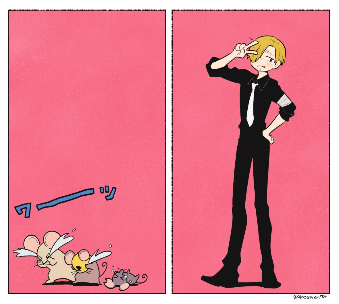 mitsubachi koucha, sanji (one piece), one piece, commentary, > <, 1boy, black pants, black shirt, blonde hair, blush, facial hair, full body, goatee, hair over one eye, hat, mustache, necktie, pants, pink background, shirt, simple background, tears, twitter username, v, whiskers, white necktie