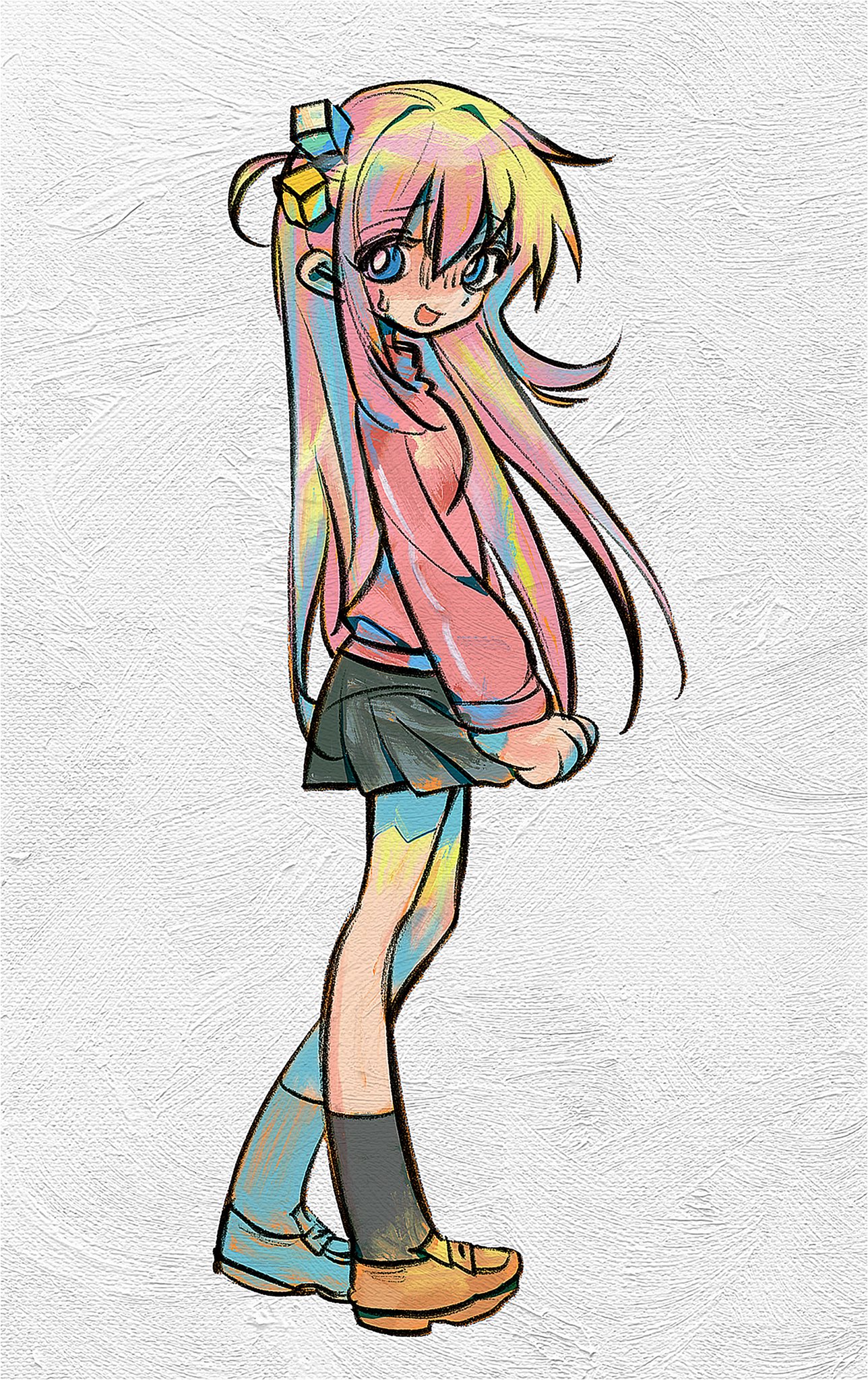 gotoh hitori, bocchi the rock!, highres, korean commentary, traditional media, 1girl, averting eyes, black skirt, black socks, blue eyes, bright pupils, brown shoes, cube hair ornament, full body, hair between eyes, hair ornament, jacket, l4y1a laya, loafers, long hair, long sleeves, miniskirt, nervous smile, one side up, open mouth, pink hair, pink jacket, shoes, simple background, skirt, smile, socks, solo, standing, sweatdrop, track jacket, white background, white pupils