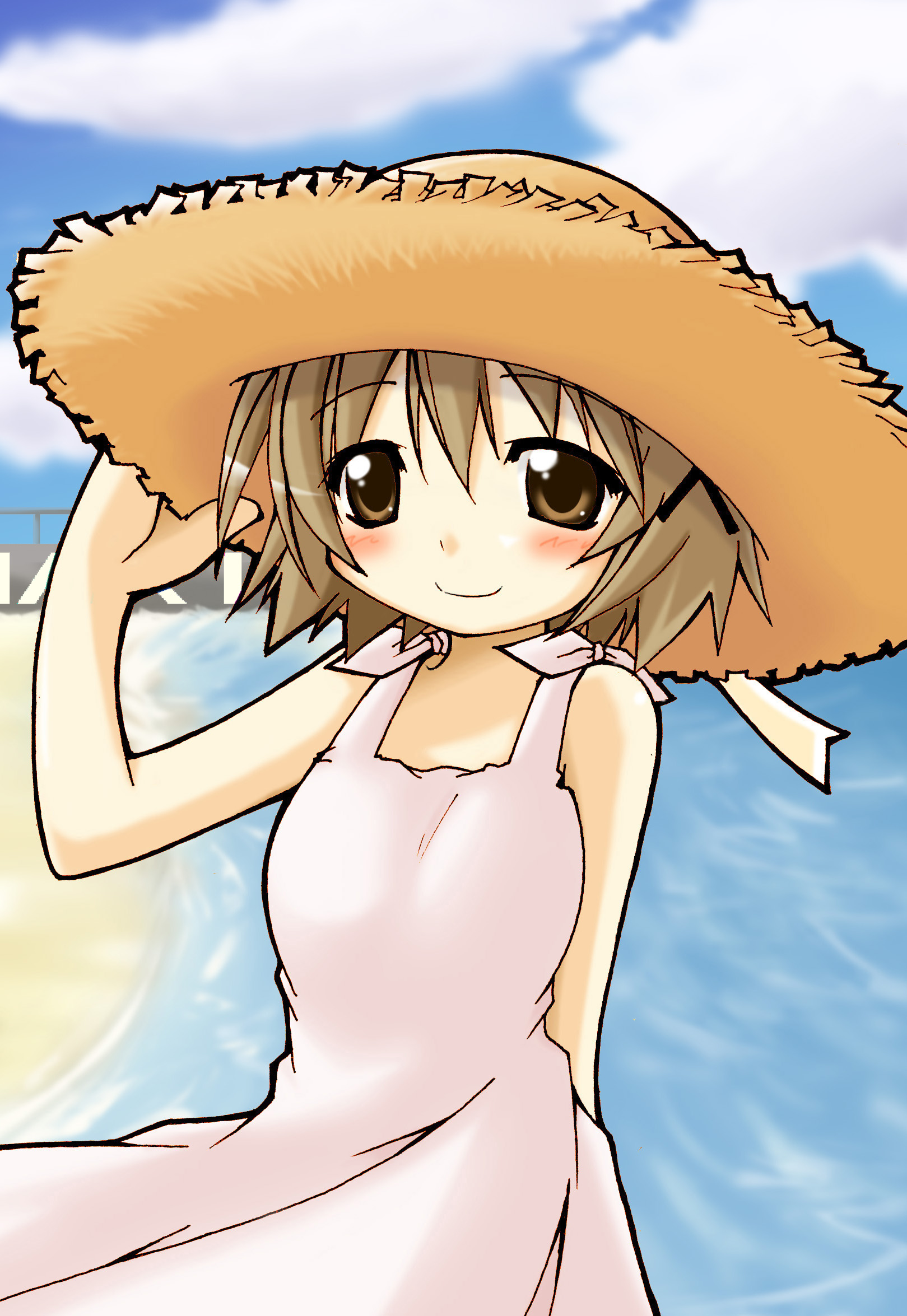 yuno (hidamari sketch), hidamari sketch, highres, non-web source, 00s, beach, brown hair, day, hat, ocean, short hair, solo