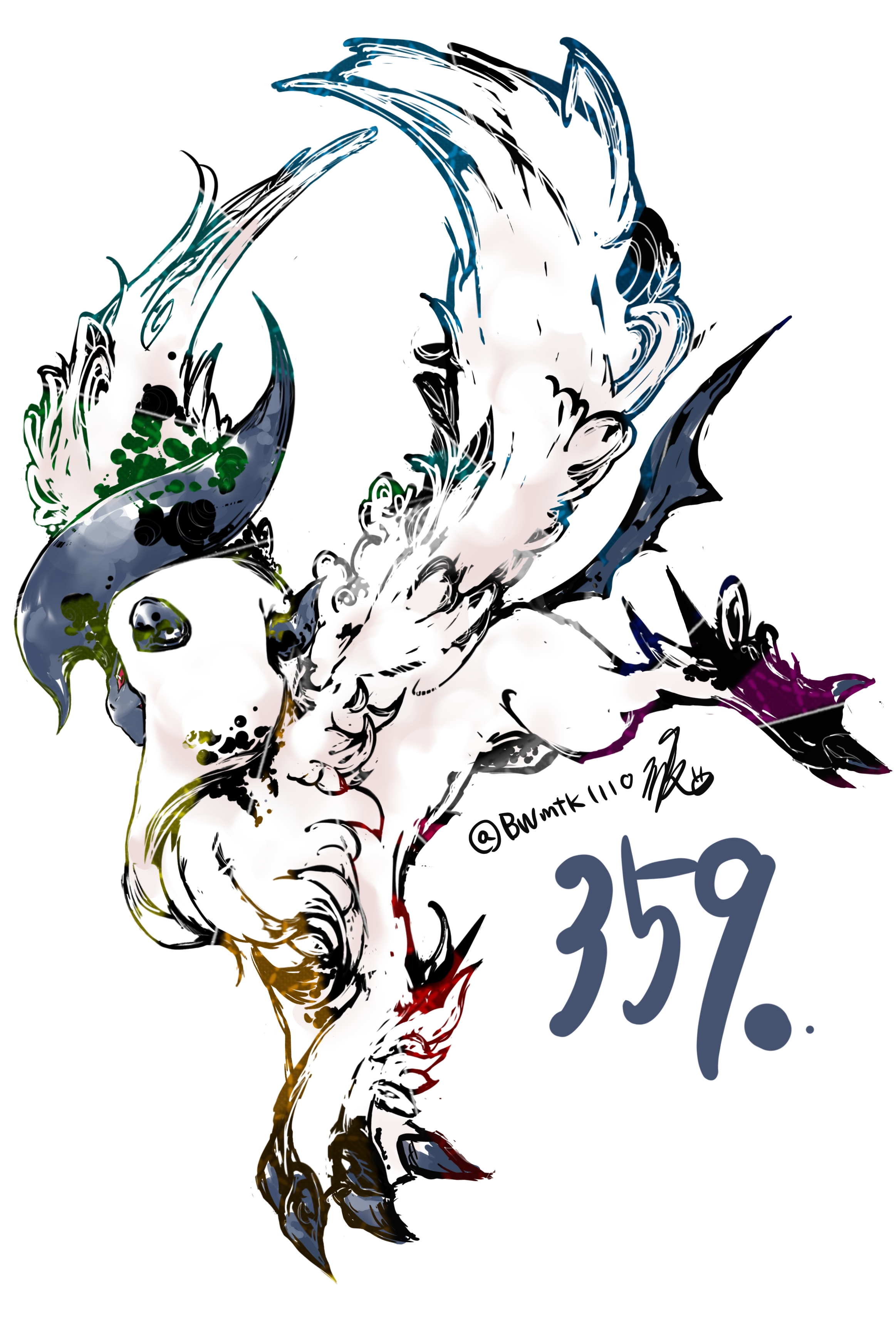 bwmtk1110, absol, mega absol, nintendo, pokemon, absurdres, highres, animal focus, asymmetrical horns, blue horns, body fur, claws, closed mouth, feathered wings, full body, gen 3 pokemon, hair over one eye, horns, looking at viewer, mega pokemon, neck fur, no humans, one eye covered, pokedex number, pokemon (creature), red eyes, simple background, solo, standing, uneven horns, white background, white fur, white wings, wings