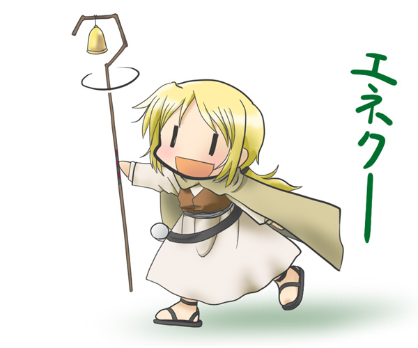 totoka, miyako (hidamari sketch), nora arento, hidamari sketch, spice and wolf, translated, 1girl, bell, blonde hair, cloak, cosplay, dress, female focus, full body, gradient background, nora arento (cosplay), parody, sandals, shepherd, shepherd's crook, solo, staff, wide face