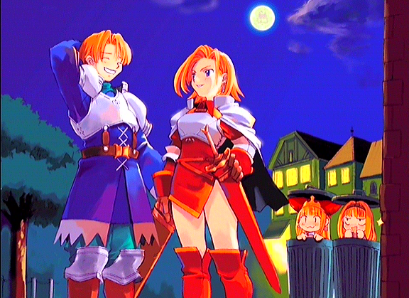 ryoji (nomura ryouji), crea rosenqueen, princess kururu, randy (marl kingdom), sonia (marl kingdom), little princess, marl kingdom, nippon ichi, official art, 1boy, 1girl, blue eyes, blush, couple, full moon, hetero, house, knight, moon, night, night sky, orange hair, peeking, short hair, sky, spy, sword, trash can, tree, weapon
