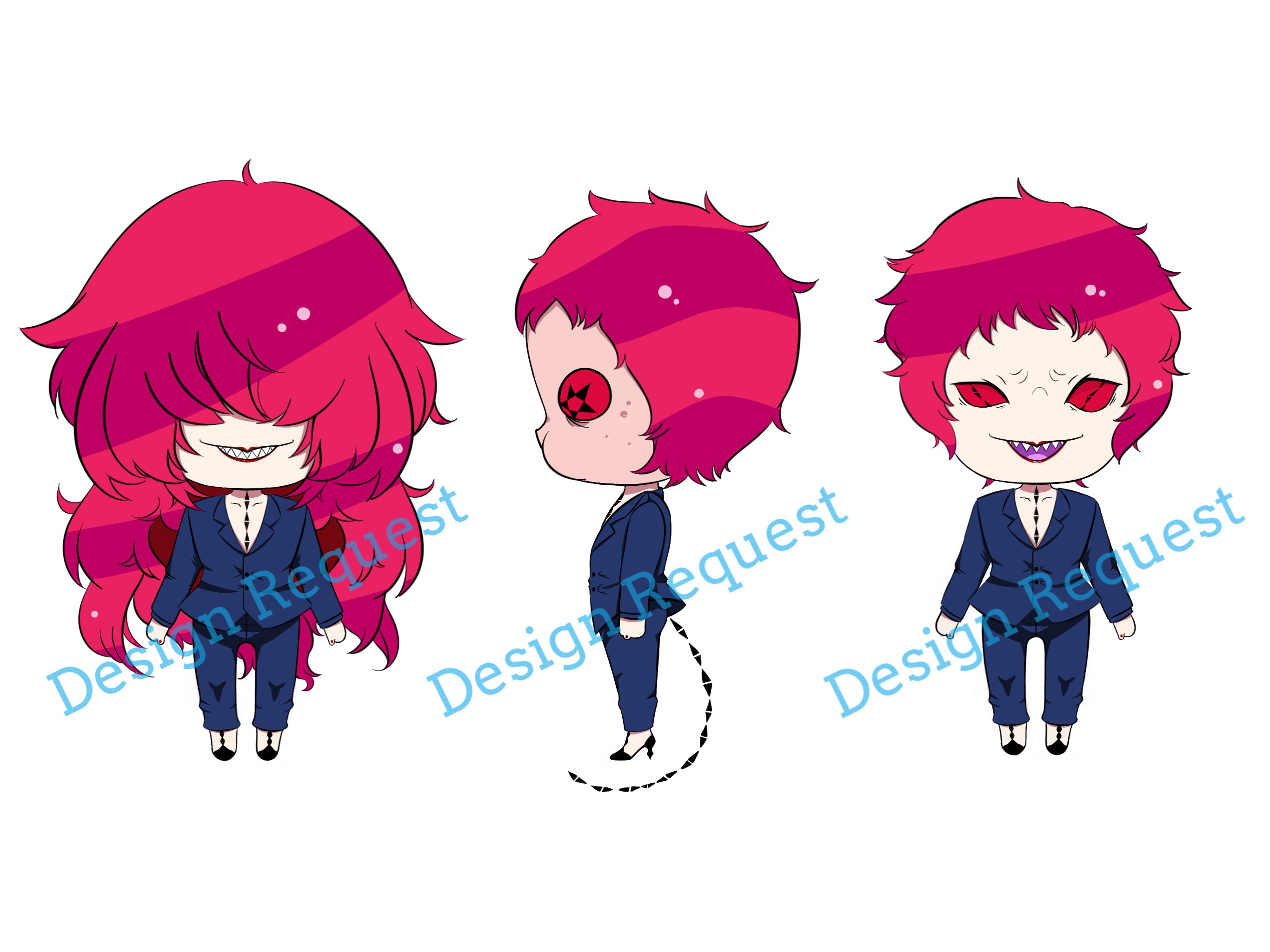 dhamaphorn, berg katse, gatchaman crowds, nendoroid, bad id, bad pixiv id, commentary, english commentary, highres, second-party source, 1boy, 2017, alien, alternate hairstyle, androgynous, arm up, blue pants, blue suit, chibi, clenched hands, collarbone, diamond-shaped pupils, diamond (shape), english text, formal clothes, from side, full body, hair over eyes, hand on own hip, high heels, long hair, male focus, messy hair, multicolored shoes, multiple views, official alternate hairstyle, open collar, open mouth, pale skin, pants, pink hair, prehensile tail, red lips, red nails, sharp teeth, short hair, simple background, smile, solo, standing, star-shaped pupils, star (symbol), straight-on, suit, symbol-shaped pupils, tail, teeth, turnaround, two-tone shoes, very long hair, watermark, white background