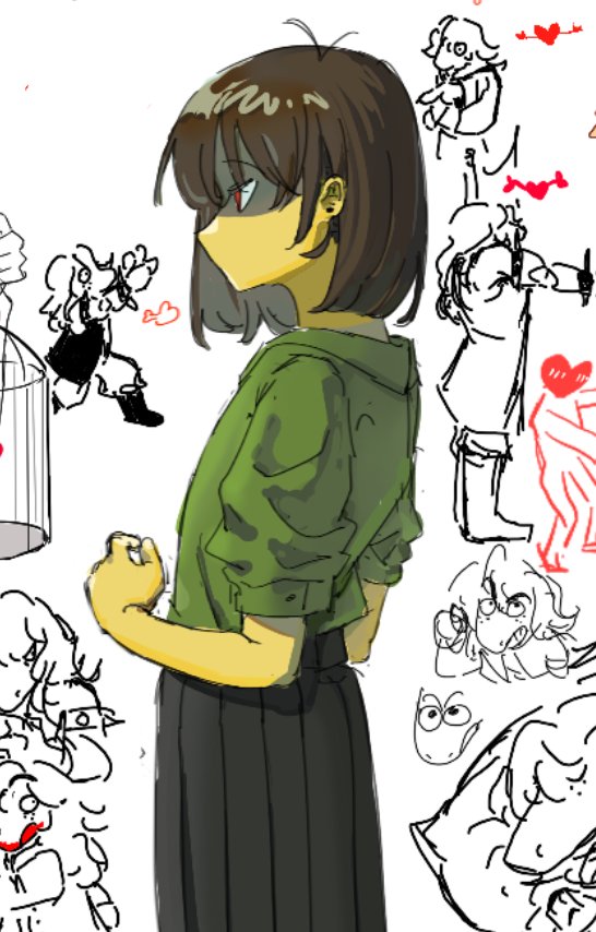 kris (deltarune), deltarune, utdr (toby fox), commentary, english commentary, 1other, black skirt, brown hair, colored skin, from side, green shirt, other focus, red eyes, shirt, short sleeves, skirt, yellow skin, yokuyo