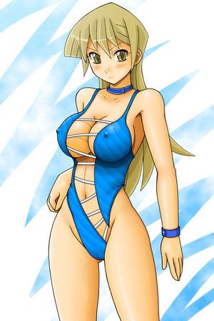 tsumitani daisuke, tenjouin asuka, yu-gi-oh!, yu-gi-oh! gx, lowres, asymmetrical clothes, blush, breasts, covered erect nipples, hand on own hip, large breasts, swimsuit
