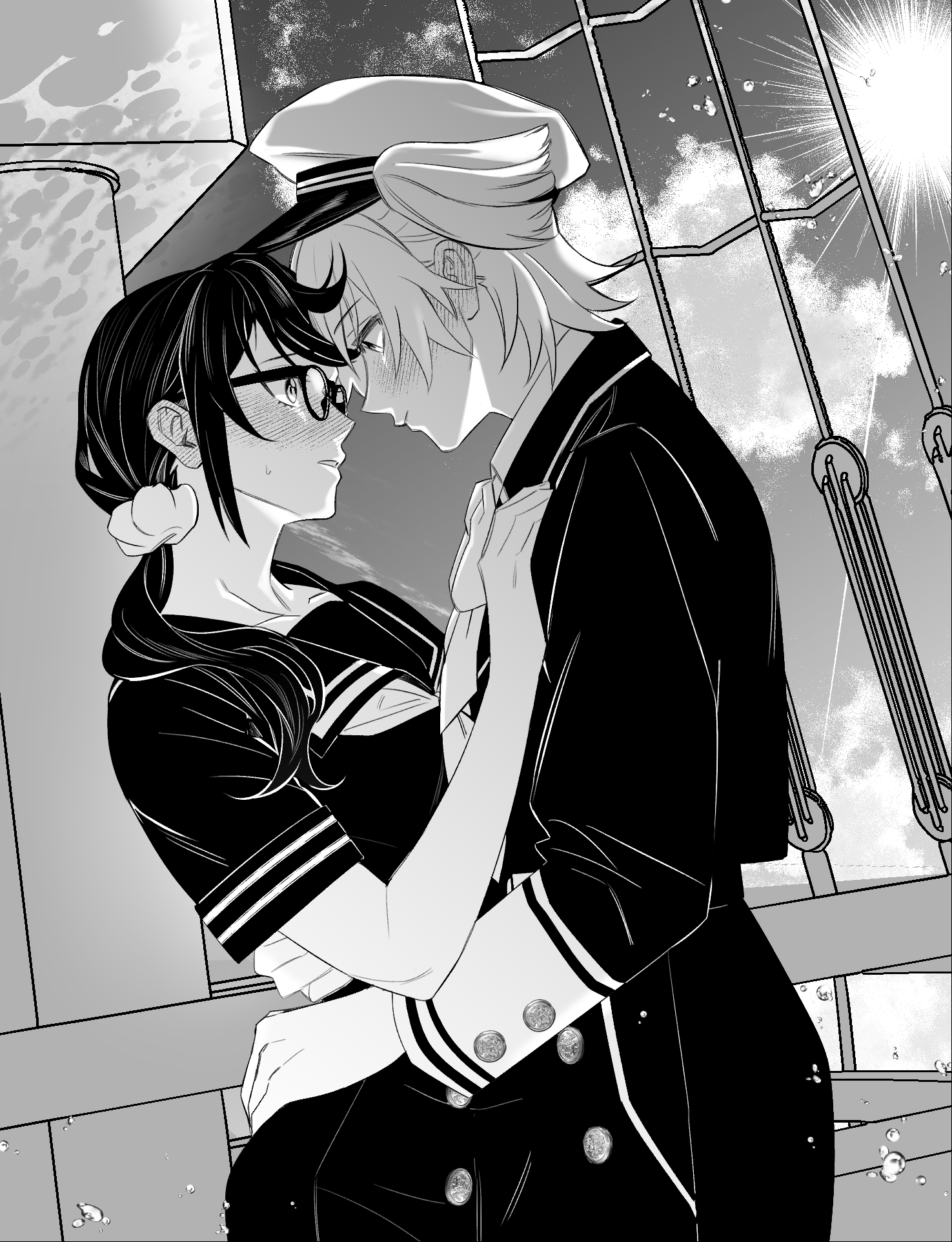 cheongju cheese, daiba nana, hoshimi junna, shoujo kageki revue starlight, commentary, highres, korean commentary, 2girls, blush, bow, buttons, closed eyes, cloud, collarbone, cowboy shot, day, eye contact, face-to-face, flipped bangs, glasses, greyscale, hair ornament, hair over shoulder, hair scrunchie, hand on another's back, hand on another's hip, hands on another's chest, hands up, hat, high contrast, jacket, long hair, long sleeves, looking at another, low side ponytail, monochrome, multiple girls, neckerchief, official alternate costume, one side up, outdoors, parted lips, peaked cap, rope, sailor collar, sailor shirt, scrunchie, shirt, short hair, short sleeves, sidelocks, sweatdrop, yuri