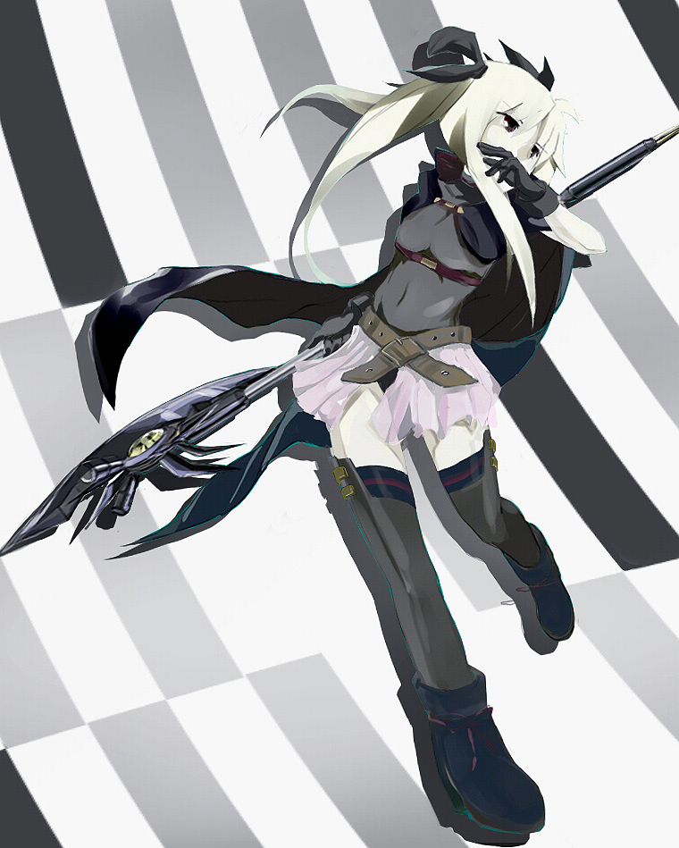 wagashi (okashina), bardiche (axe form) (nanoha), bardiche (nanoha), fate testarossa, fate testarossa (movie 1st form), lyrical nanoha, mahou shoujo lyrical nanoha, 00s, 1girl, belt, black eyes, blonde hair, boots, cape, covering own mouth, female focus, food, hair ribbon, hand over mouth, hand over own mouth, long hair, ribbon, scythe, skin tight, skirt, solo, thighhighs, twintails, wagashi, zettai ryouiki