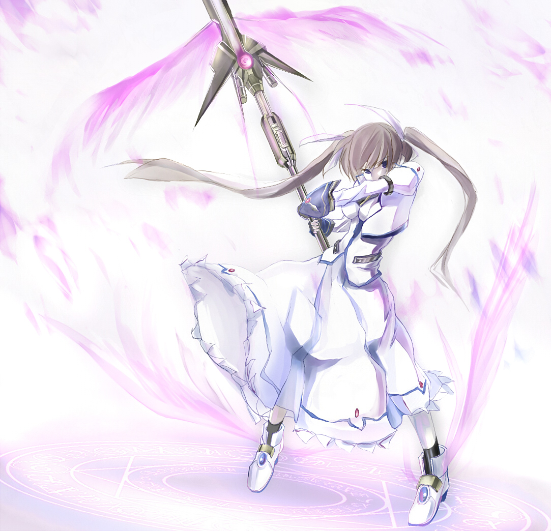 wagashi (okashina), raising heart, raising heart (exceed mode), takamachi nanoha, takamachi nanoha (exceed mode), lyrical nanoha, mahou shoujo lyrical nanoha, mahou shoujo lyrical nanoha strikers, winged footwear, 00s, 1girl, brown hair, dress, energy wings, female focus, fighting stance, fingerless gloves, full body, gloves, jacket, long sleeves, looking at viewer, magazine (weapon), magic circle, magical girl, open clothes, open jacket, red hair, rod, shoes, simple background, solo, staff, standing, twintails, white background, white devil, white dress, wings