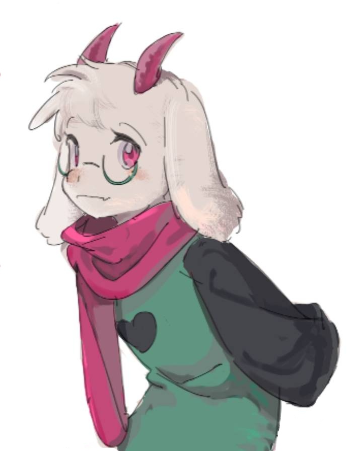 ralsei, deltarune, utdr (toby fox), commentary, hashtag-only commentary, 1boy, animal ears, arms behind back, black sleeves, cowboy shot, fangs, glasses, goat boy, goat ears, goat horns, green-framed eyewear, green robe, horns, looking at viewer, male focus, pink eyes, pink horns, pink scarf, robe, scarf, simple background, solo, white background, white fur, yokuyo
