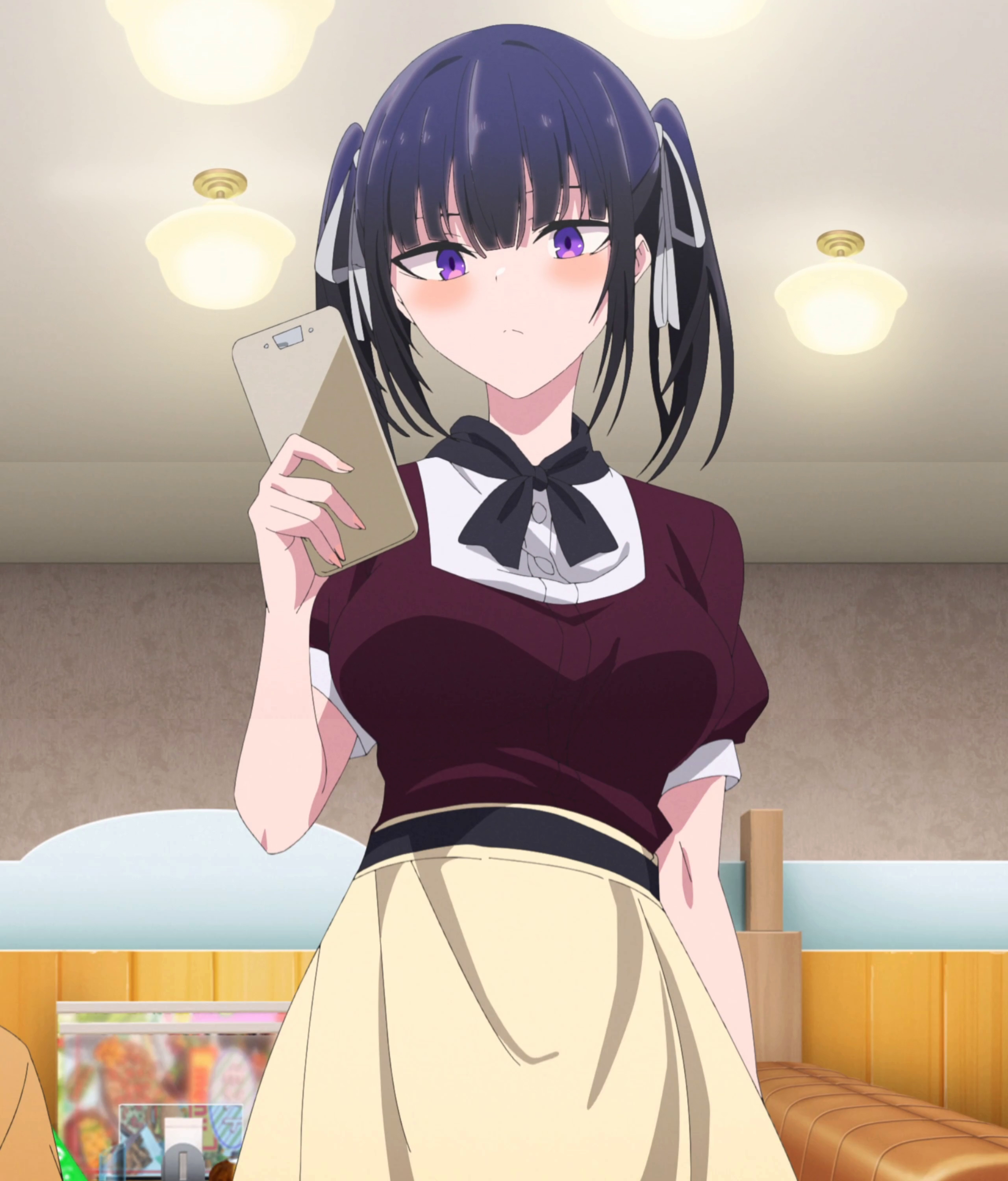 kurosaki rurika, haite kudasai takamine-san, absurdres, anime screenshot, highres, stitched, third-party edit, 1girl, ascot, black ascot, black hair, blush, closed mouth, cowboy shot, female focus, hair ribbon, holding, holding phone, indoors, phone, purple eyes, red shirt, ribbon, shirt, short hair, skirt, solo, twintails, white ribbon, yellow skirt