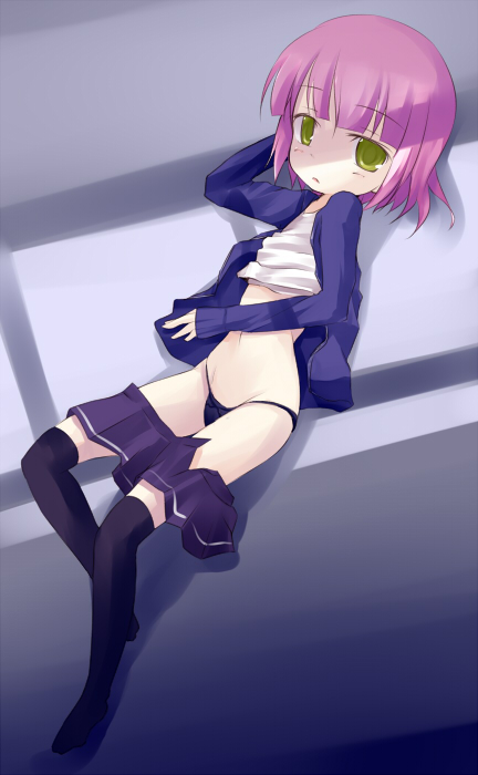 kuro (be ok), original, 1girl, female focus, green eyes, loli, panties, pink hair, short hair, skirt, solo, thighhighs, underwear, undressing