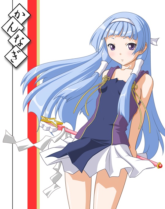 t2r, nagi, kannagi, translation request, 00s, 1girl, arms behind back, blue hair, blunt bangs, female focus, flat chest, hair tubes, hairband, long hair, pleated skirt, purple eyes, skirt, smile, solo, star (symbol), tank top, thighs, twintails, wand, white skirt