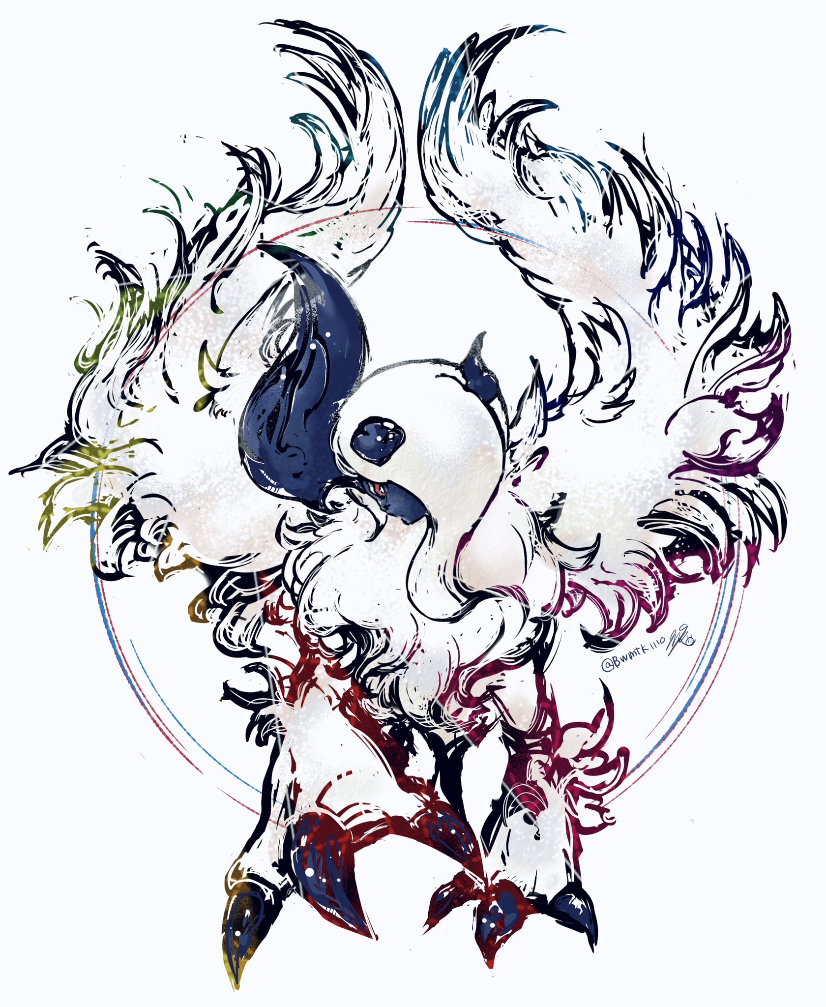 bwmtk1110, absol, mega absol, nintendo, pokemon, highres, animal focus, asymmetrical horns, blue horns, body fur, bright pupils, claws, feathered wings, full body, gen 3 pokemon, hair over one eye, horns, looking at viewer, mega pokemon, neck fur, no humans, one eye covered, pokemon (creature), red eyes, simple background, solo, standing, uneven horns, white background, white fur, white pupils, white wings, wings