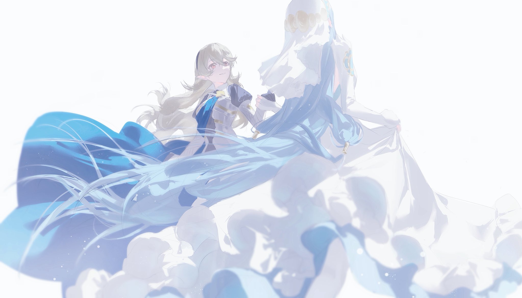 yun (dl2n5c7kbh8ihcx), azura (fire emblem), female corrin (fire emblem), fire emblem, fire emblem fates, nintendo, highres, 2girls, armor, armored leotard, black hairband, blue cape, blue hair, breasts, cape, dress, elbow gloves, gloves, grey hair, hair between eyes, hairband, headdress, leotard, long hair, looking at another, multiple girls, parted lips, pointy ears, red eyes, simple background, smile, veil, very long hair, white background, white dress