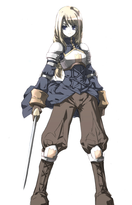 tokyo (great akuta), agrias oaks, final fantasy, final fantasy tactics, 1girl, armor, blonde hair, blue eyes, female focus, simple background, solo, sword, weapon
