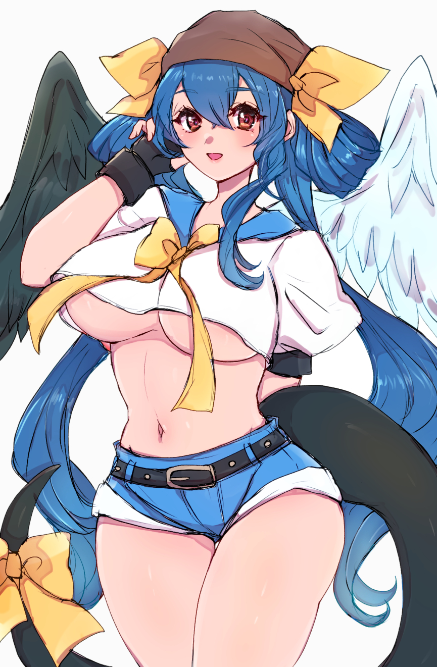 chemaru (a8l), dizzy (guilty gear), guilty gear, guilty gear xx, highres, 1girl, angel wings, arm behind back, asymmetrical wings, belt, black gloves, blue hair, bow, breasts, cloud, fingerless gloves, gloves, hair between eyes, hair ribbon, hair rings, large breasts, looking at viewer, midriff, navel, open mouth, pirate, red eyes, ribbon, sailor collar, shorts, simple background, smile, solo, standing, stomach, tail, tail ornament, tail ribbon, thick thighs, thigh gap, thighs, twintails, white background, wings, yellow bow, yellow ribbon