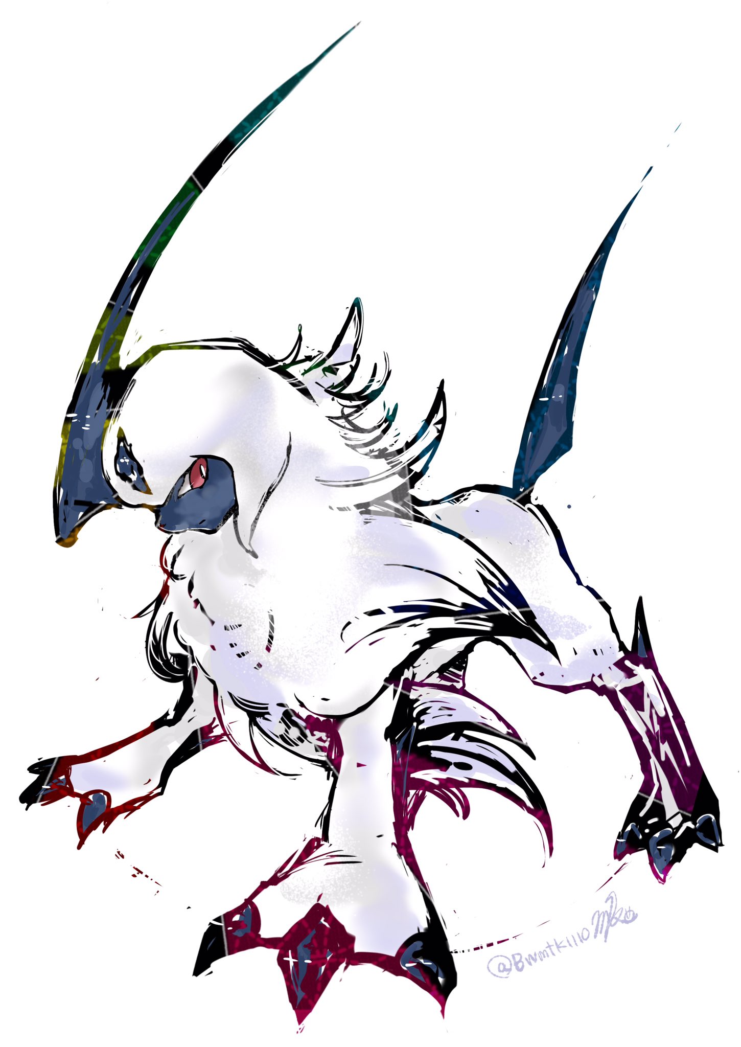 bwmtk1110, absol, nintendo, pokemon, highres, animal focus, bright pupils, claws, fluffy, full body, gen 3 pokemon, horns, looking at viewer, mane, neck fur, no humans, pokemon (creature), pokemon focus, red eyes, simple background, single horn, solo, standing, tail, white background, white fur, white pupils