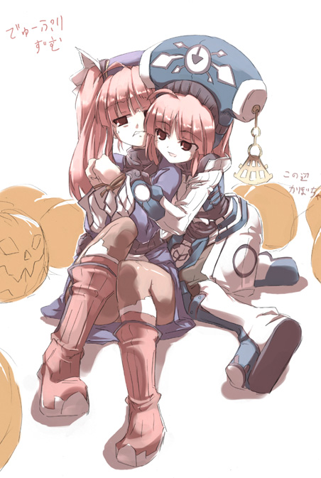 tokyo (great akuta), maya (dewprism), mint (dewprism), dewprism, 2girls, bdsm, bondage, boots, bound, hat, jack-o'-lantern, knee boots, long hair, multiple girls, pantyhose, pink hair, pumpkin, red eyes, short hair, siblings, sisters, smile, twintails