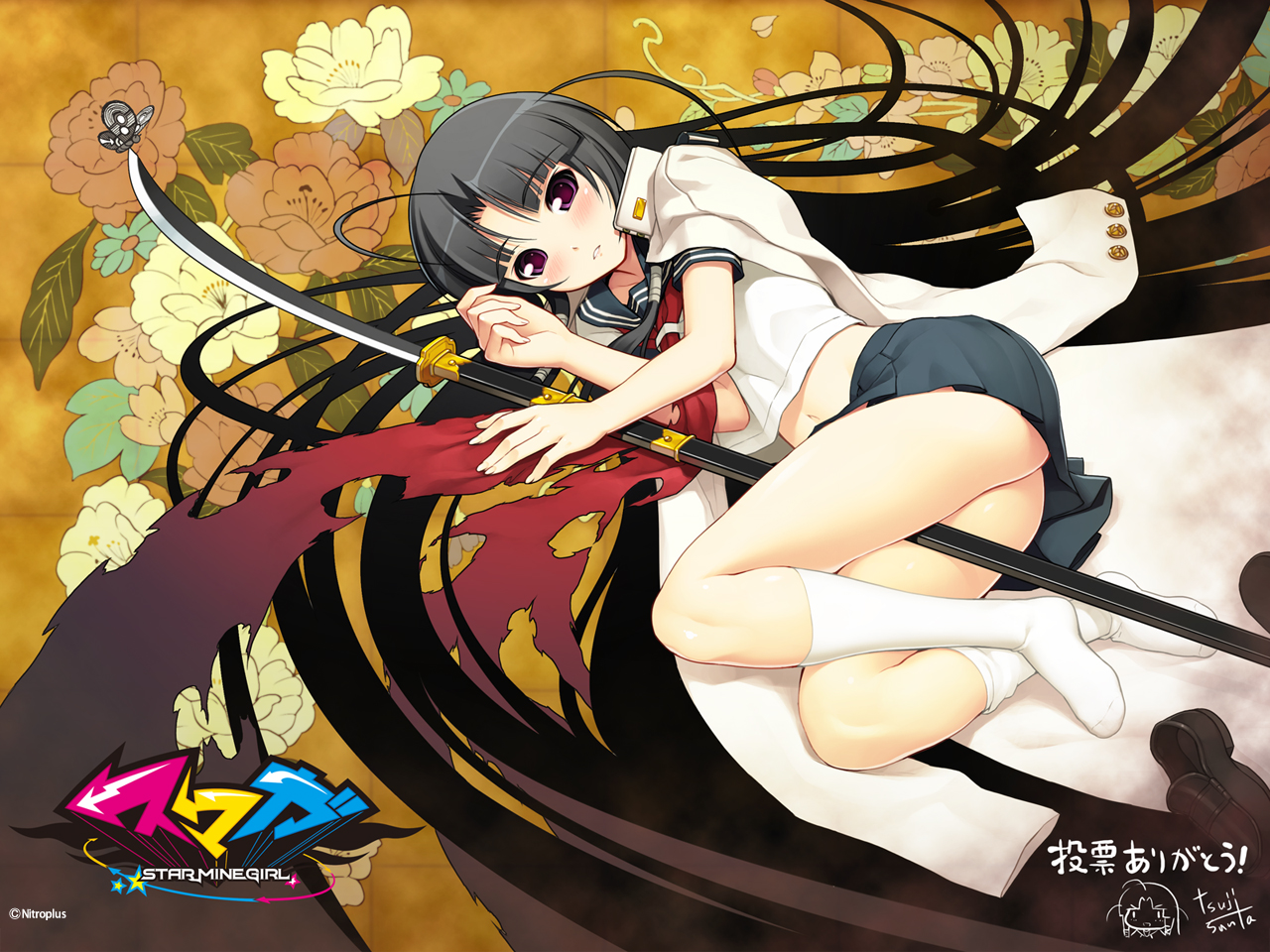 tsuji santa, oki kiki, nitroplus, sumaga, official art, official wallpaper, ahoge, antenna hair, black hair, blush, bug, butterfly, chibi, chibi inset, copyright name, flower, insect, jacket, kneehighs, long hair, naginata, polearm, purple eyes, school uniform, socks, solo, thighs, very long hair, weapon, white socks