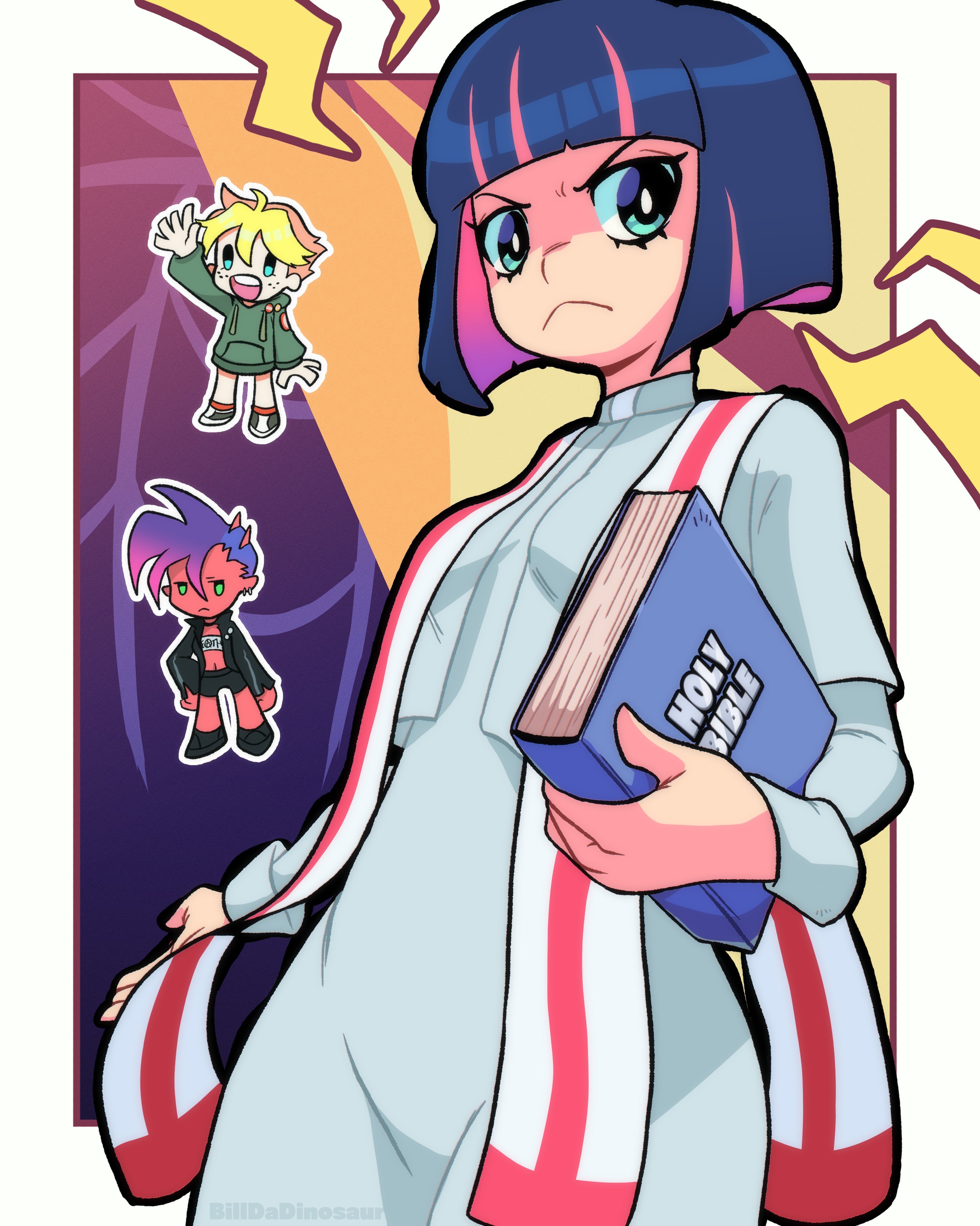 billdadinosaur, stocking (psg), panty & stocking with garterbelt, absurdres, highres, 1boy, 2girls, angel, angry, bastard (psg), bible (object), black jacket, blonde hair, blue eyes, church, colored inner hair, colored skin, crop top, cross, demon girl, demon horns, ghostbusters uniform, green eyes, green hoodie, hood, hoodie, horns, jacket, junior (psg), looking at viewer, midriff, multicolored hair, multiple girls, navel, pink hair, priestess, purple hair, red skin, short hair, shorts, strapless, streaked hair, tube top