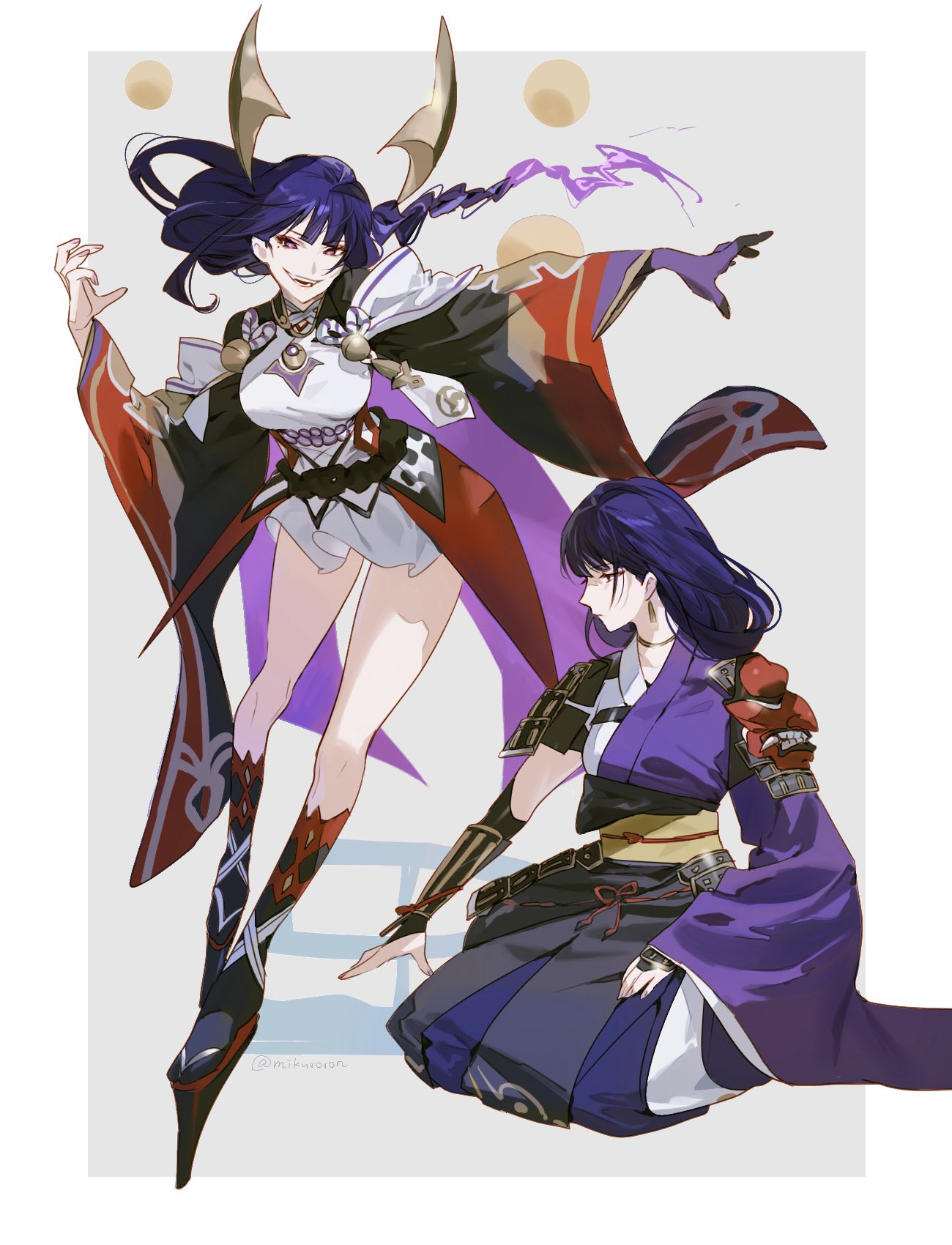 mikuroron, raiden shogun, genshin impact, commentary request, highres, 1girl, armor, black sleeves, black socks, braid, breasts, dress, earrings, gauntlets, geta, japanese clothes, jewelry, kimono, long hair, mole, mole under eye, multiple views, open mouth, purple eyes, purple hair, purple kimono, shoulder armor, signature, single sleeve, sitting, smile, socks, tengu-geta, white dress, wide sleeves
