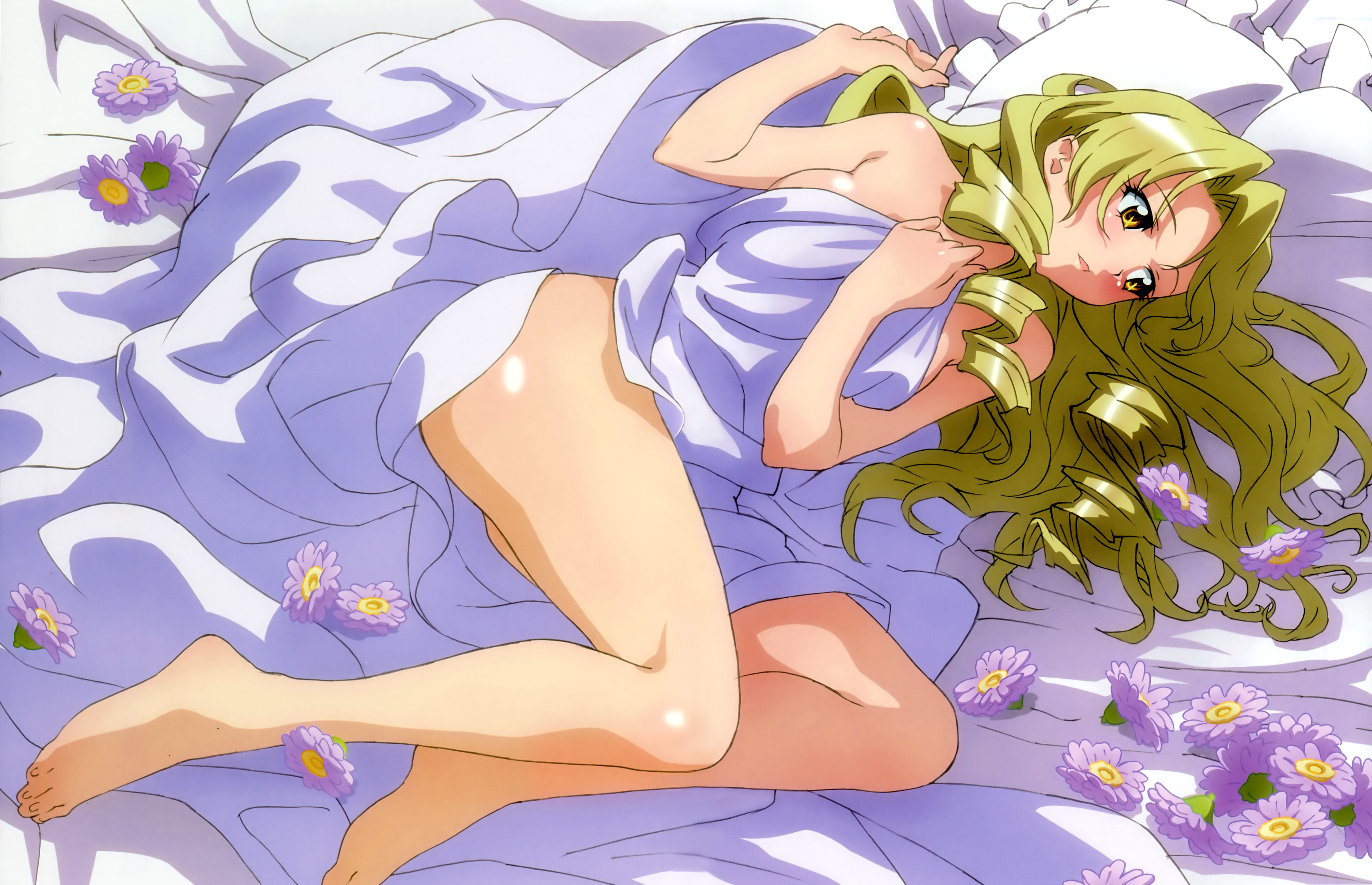tenjouin saki, to love-ru, absurdres, highres, non-web source, official art, 00s, 1girl, barefoot, bed, bed sheet, blonde hair, breasts, competition swimsuit, covering privates, drill hair, feet, female focus, flower, legs, long hair, naked sheet, nude, one-piece swimsuit, pillow, sideboob, solo, swimsuit, topless female, yellow eyes