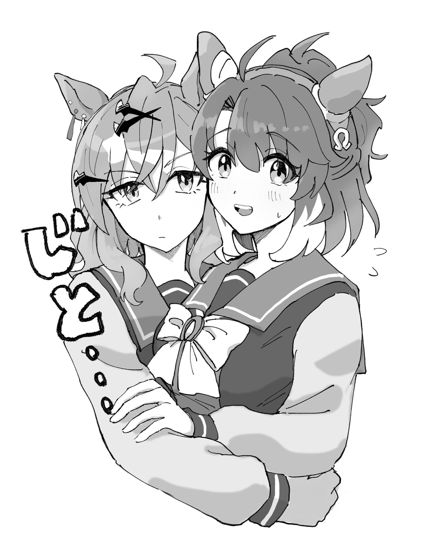 dantsu flame (umamusume), jungle pocket (umamusume), umamusume, highres, 2girls, ahoge, animal ears, bow, breasts, closed mouth, ear covers, ear ornament, greyscale, hair between eyes, hair ornament, hairband, horse ears, horse girl, hug, jewelry, long sleeves, looking at viewer, medium hair, monochrome, multicolored hair, multiple girls, open mouth, sailor collar, sailor shirt, sanayama (thou uoht), school uniform, shirt, simple background, smile, teeth, tracen school uniform, upper body, upper teeth only, white background