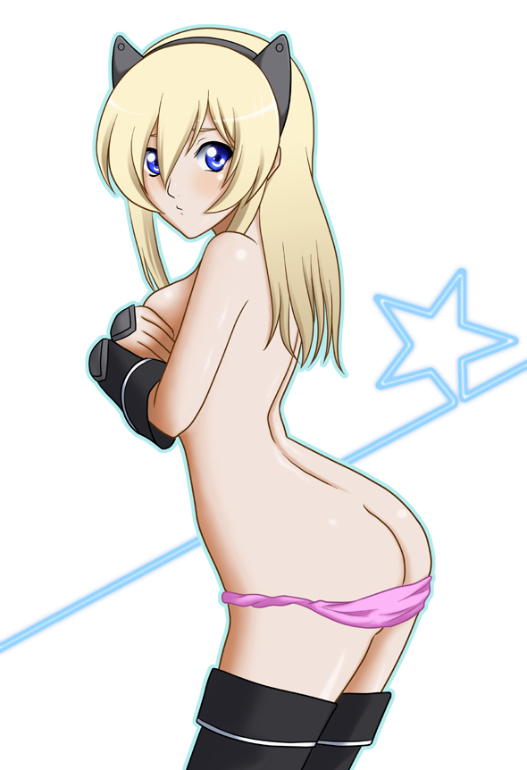 sora (aki00), fatina, druaga no tou, breast hold, 1girl, animal ears, ass, breasts, female focus, panties, pink panties, solo, star (symbol), thighhighs, underwear, white background
