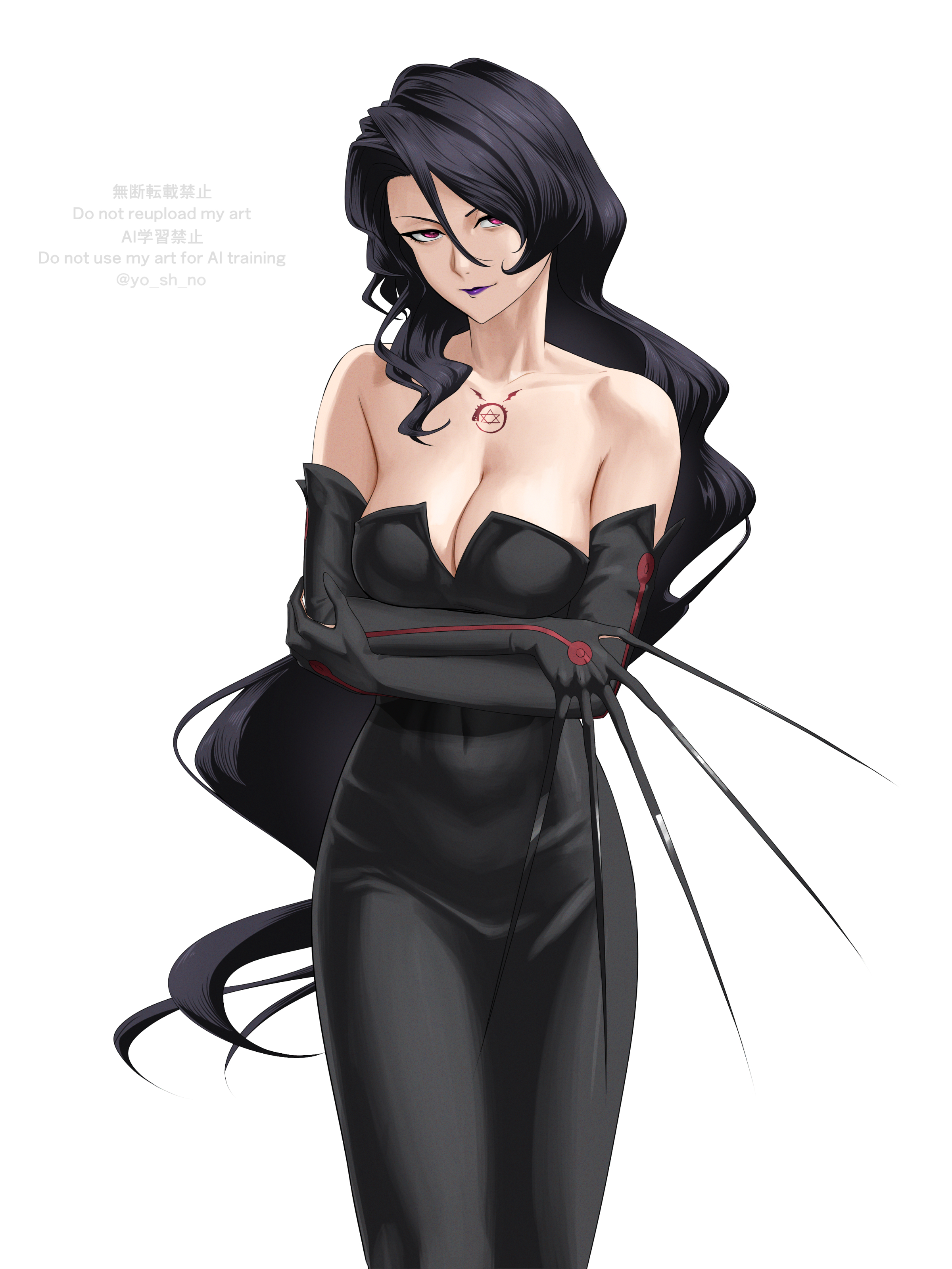 yoshino (laencl), lust (fma), fullmetal alchemist, absurdres, commentary, highres, 1girl, arms under breasts, bare shoulders, black dress, black gloves, black hair, breasts, chest tattoo, claws, cleavage, closed mouth, collarbone, covered navel, cowboy shot, crossed arms, dress, elbow gloves, eyelashes, gloves, hair between eyes, hair over shoulder, large breasts, long claws, long hair, looking at viewer, mature female, nose, purple lips, red eyes, simple background, smile, solo, strapless, strapless dress, tattoo, tsurime, v-shaped eyebrows, very long hair, watermark, wavy hair, white background