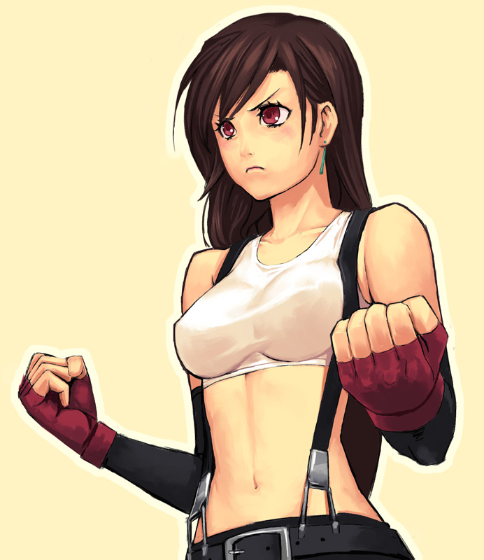 yuuji (and), tifa lockhart, final fantasy, final fantasy vii, bad id, bad pixiv id, 1990s (style), 1girl, bare shoulders, belt, breasts, brown hair, clenched hand, clenched hands, earrings, female focus, fingerless gloves, gloves, jewelry, long hair, midriff, red eyes, retro artstyle, small breasts, solo, suspenders, tank top