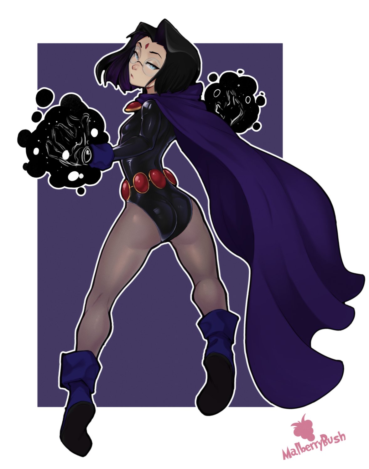 malberrybush, raven (dc), dc comics, teen titans, commentary, english commentary, highres, 1girl, artist logo, artist name, ass, black hair, black leotard, boots, border, cape, facial mark, forehead mark, from behind, glasses, leotard, logo, looking at viewer, outline, outside border, purple background, purple cape, rimless eyewear, round eyewear, short hair, simple background, solo, white border, white outline