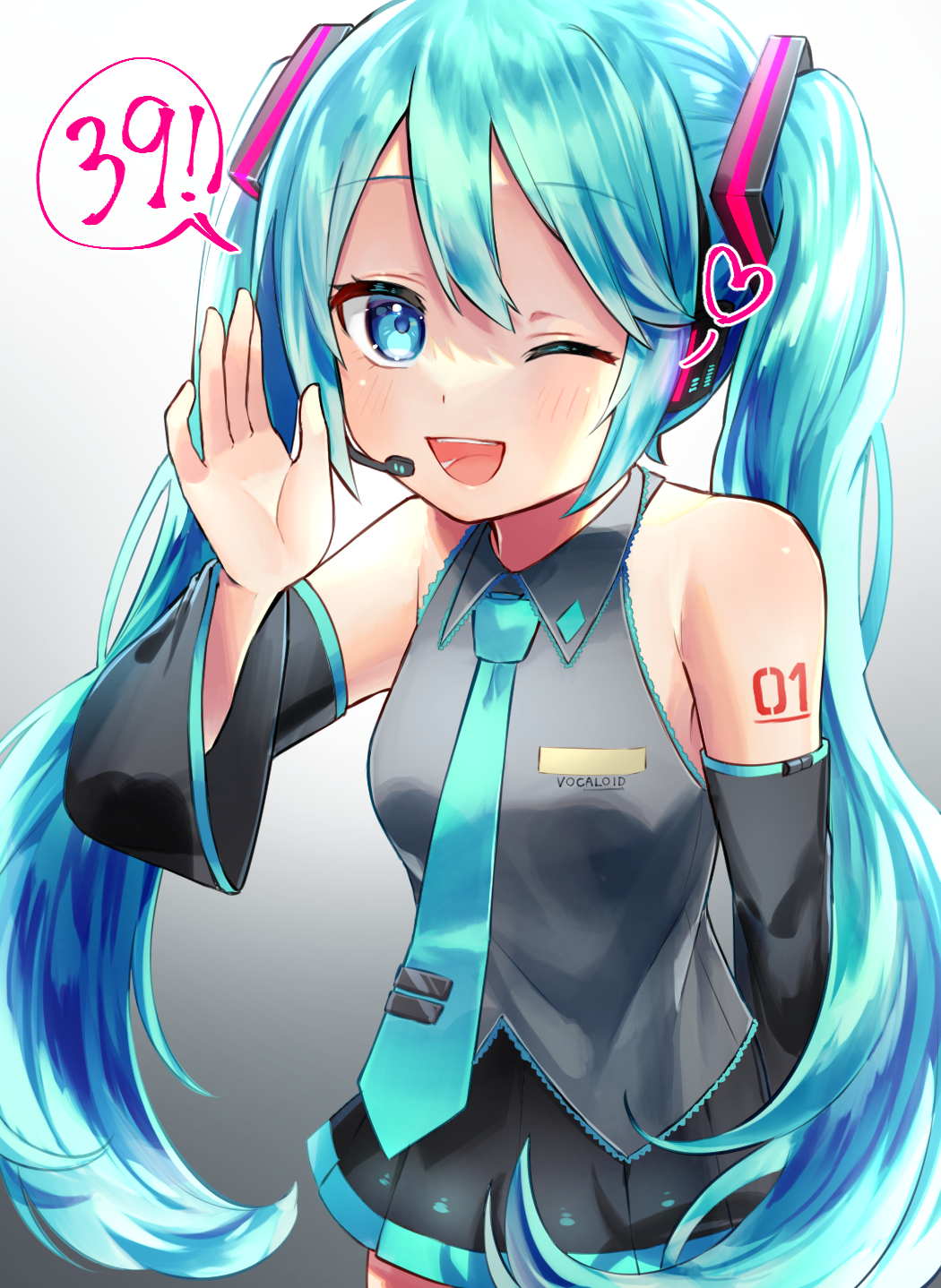 kawai irori, hatsune miku, vocaloid, commentary, highres, 1girl, 39, ;d, aqua hair, aqua necktie, arm tattoo, black skirt, black sleeves, blue eyes, breasts, collared shirt, detached sleeves, gradient background, grey shirt, hair between eyes, headset, long hair, long sleeves, miku day, miniskirt, necktie, number tattoo, one eye closed, open mouth, pleated skirt, shirt, skirt, sleeveless, sleeveless shirt, smile, solo, speech bubble, tattoo, teeth, tie clip, tongue, twintails, very long hair