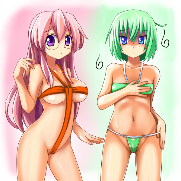 miru, iwasaki minami, takara miyuki, lucky star, 00s, 2girls, bikini, breasts, cross bikini, crotch ribbon, crotch strap, flat chest, glasses, green hair, long hair, medium breasts, multiple girls, naked ribbon, ribbon, swimsuit