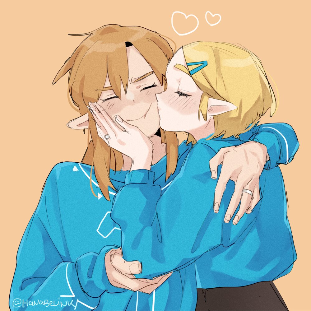 hanaberin, link, princess zelda, nintendo, the legend of zelda, the legend of zelda: breath of the wild, hashtag-only commentary, 1boy, 1girl, blonde hair, blue sweater, blush, closed eyes, couple, hair ornament, hairclip, hand on another's cheek, hand on another's face, heart, husband and wife, jewelry, kiss, kissing cheek, pointy ears, ring, sidelocks, simple background, smile, sweater, twitter username, upper body, wedding ring