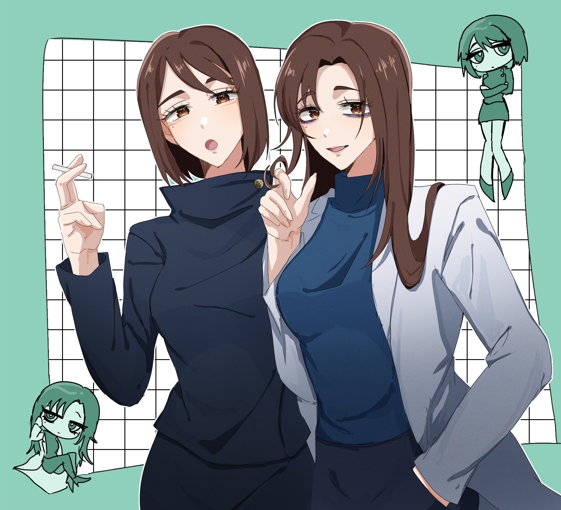 souiebi 1207, ieiri shoko, jujutsu kaisen, highres, 1girl, bob cut, brown eyes, brown hair, chibi, cigarette, cowboy shot, crossed arms, dual persona, eyelashes, holding, holding cigarette, jujutsu tech uniform, lab coat, long hair, looking at viewer, mole, open mouth, smile, swept bangs, turtleneck