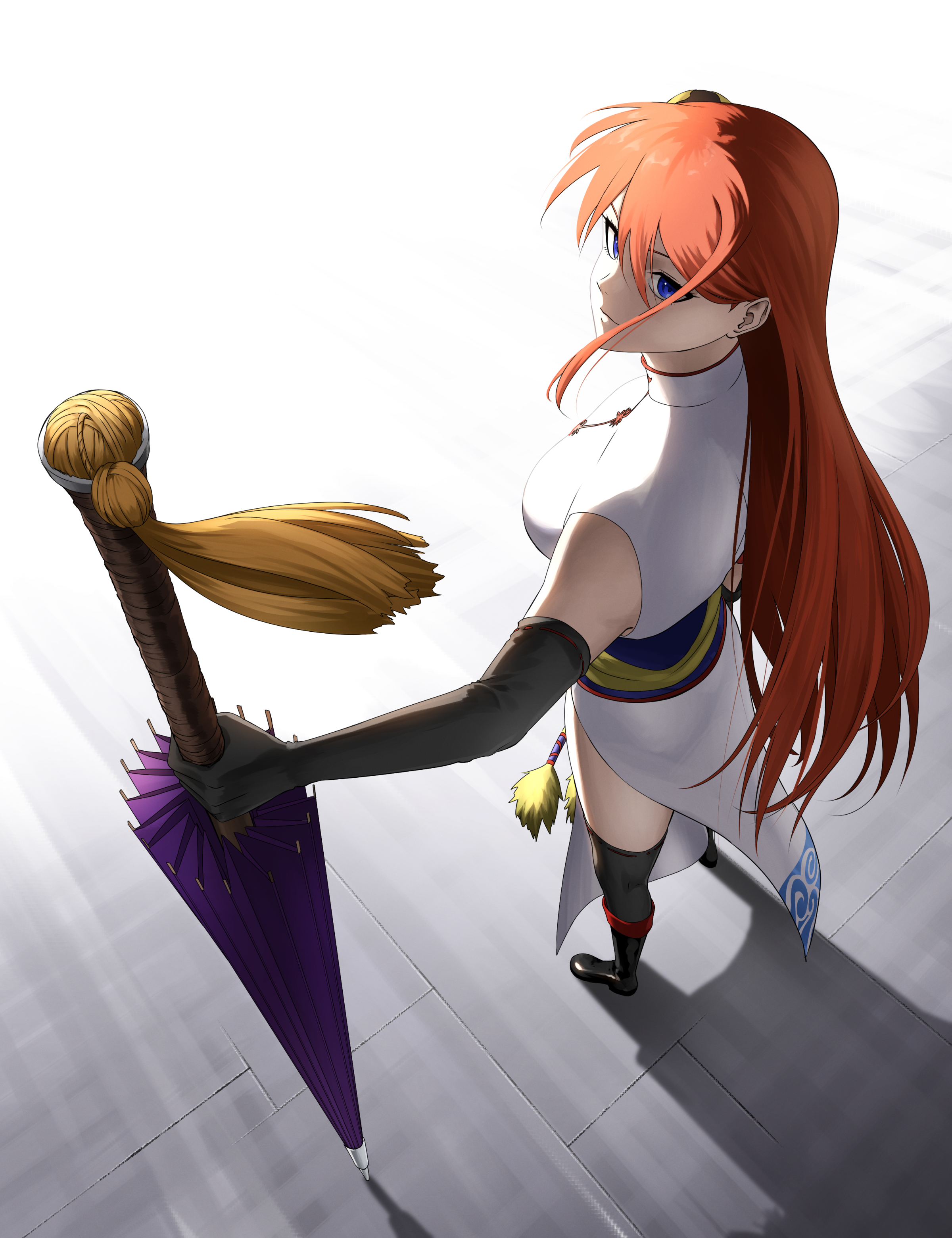 yoshino (laencl), kagura (gintama), gintama, absurdres, commentary request, highres, >:), 1girl, aged up, backlighting, black boots, black gloves, black thighhighs, blue eyes, blue sash, boots, breasts, china dress, chinese clothes, closed mouth, dress, elbow gloves, eyebrows hidden by hair, foreshortening, from above, from behind, full body, gloves, hair between eyes, holding, holding umbrella, large breasts, long hair, looking at viewer, looking up, nose, orange hair, pelvic curtain, purple umbrella, ribbon-trimmed thighhighs, ribbon trim, sash, simple background, sleeveless, sleeveless dress, smile, solo, standing, straight hair, thighhighs, tile floor, tiles, umbrella, v-shaped eyebrows, very long hair, white background, white dress