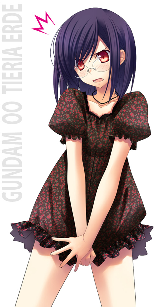 zinno, tieria erde, gundam, gundam 00, 00s, 1boy, covering crotch, covering privates, glasses, male focus, purple hair, red eyes, short hair, skirt, skirt tug, solo, trap