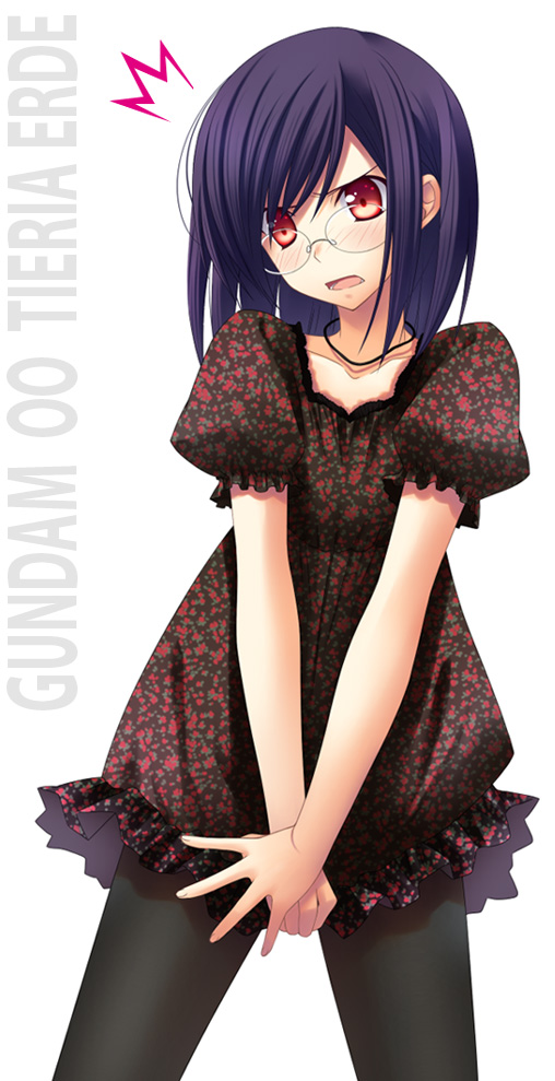 zinno, tieria erde, gundam, gundam 00, 00s, 1boy, covering crotch, covering privates, glasses, male focus, pantyhose, purple hair, red eyes, short hair, skirt, skirt tug, solo, trap