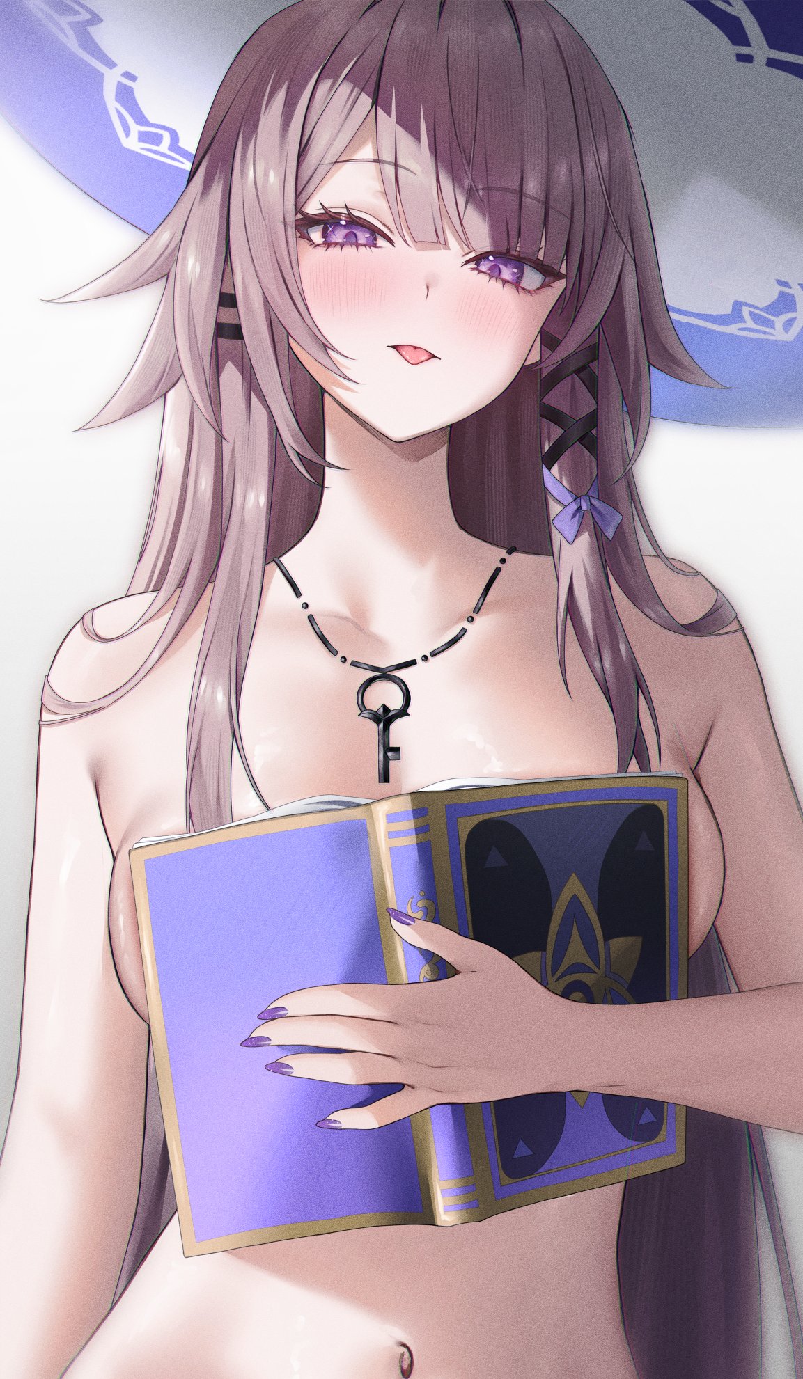 vitaminechan, herta (honkai: star rail), the herta (honkai: star rail), honkai: star rail, honkai (series), duplicate, highres, 1girl, :p, blue hair, blush, boobs in book (meme), book, book on breasts, breasts, brown hair, collarbone, covering breasts, covering privates, fingernails, hat, holding, holding book, jewelry, key, key necklace, long hair, looking at viewer, medium breasts, meme, nail polish, navel, necklace, nude, open book, open mouth, purple eyes, purple nails, simple background, solo, stomach, tongue, tongue out, upper body, white background, witch hat