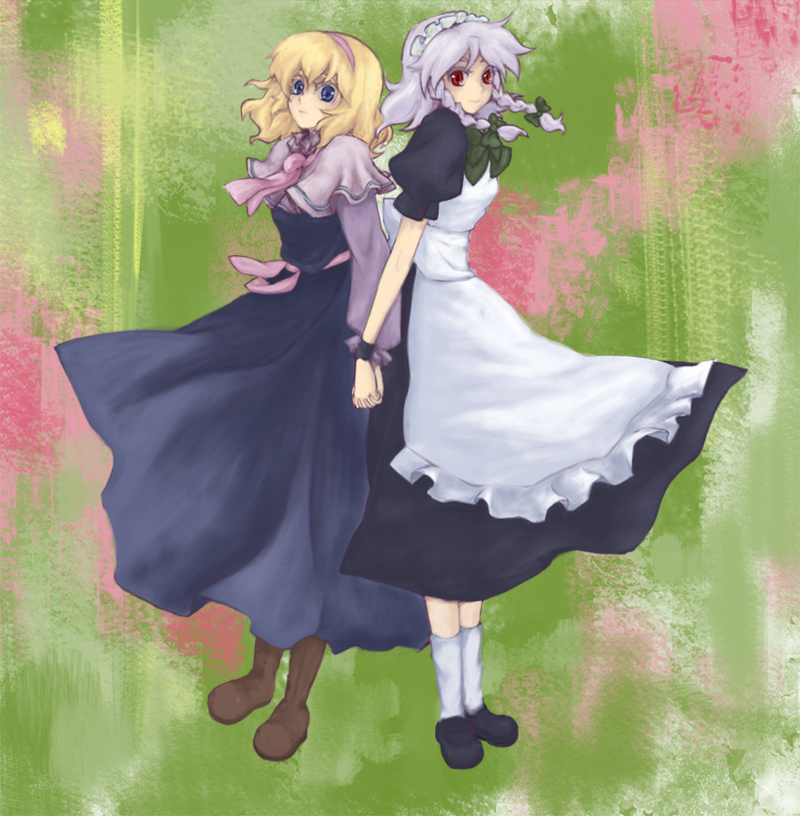 kei (1048), alice margatroid, izayoi sakuya, touhou, brown footwear, silver hair, white legwear, 2girls, back-to-back, blonde hair, blue dress, blue eyes, blush, boots, dress, female focus, holding, knee boots, kneehighs, loafers, looking at viewer, multiple girls, pantyhose, puffy short sleeves, puffy sleeves, red eyes, shoes, short hair, short sleeves, socks, standing, twintails
