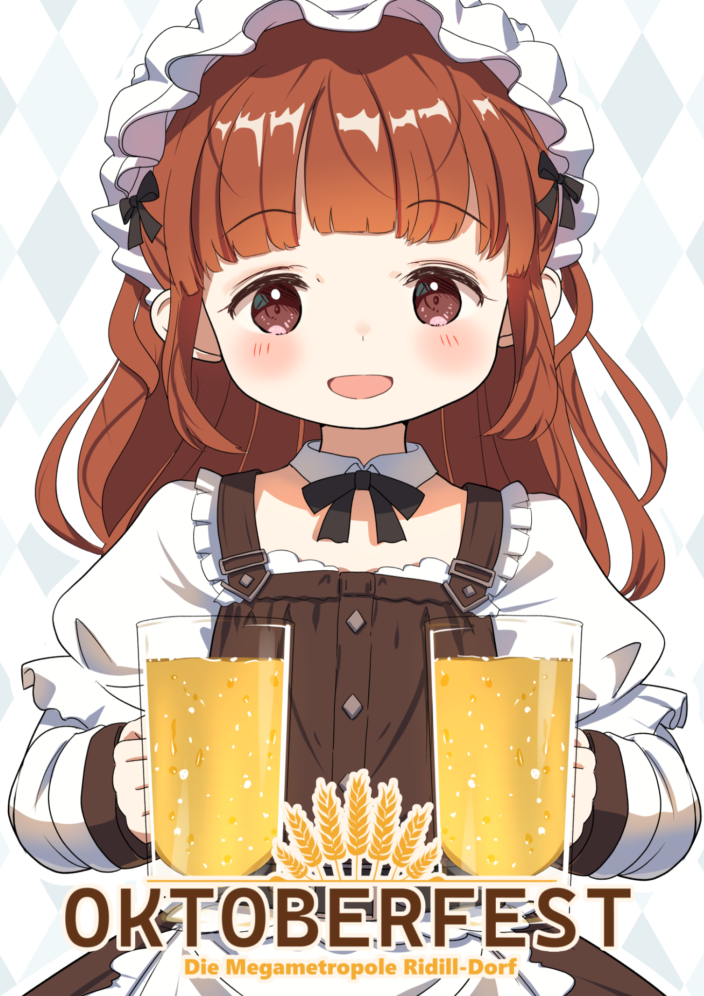 shelldy, original, commentary request, highres, translation request, 1girl, alcohol, argyle background, beer, beer mug, brown eyes, brown hair, cup, german text, holding, holding cup, long hair, long sleeves, mug, open mouth, simple background, smile, solo, straight-on, white background