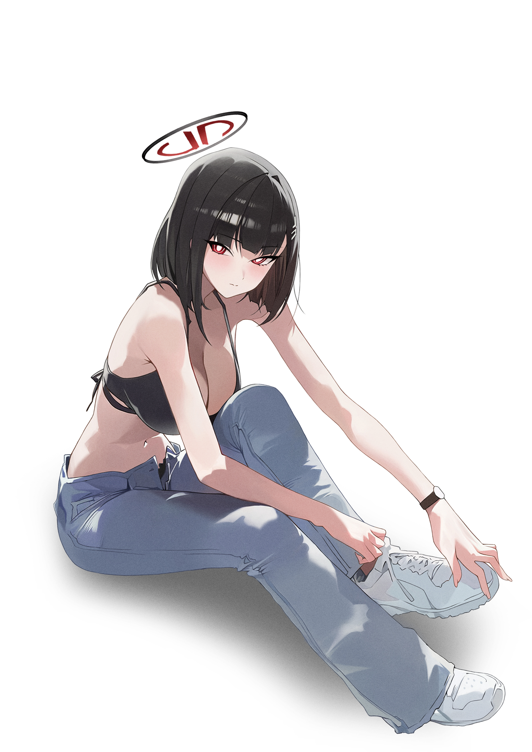 bllustration, rio (blue archive), blue archive, absurdres, has bad revision, highres, 1girl, alternate hair length, alternate hairstyle, bikini, black bikini, black hair, black halo, blue pants, breasts, bright pupils, cleavage, denim, full body, halo, jeans, large breasts, looking at viewer, pants, red eyes, shoes, short hair, simple background, sitting, sneakers, swimsuit, watch, white background, white pupils, white shoes