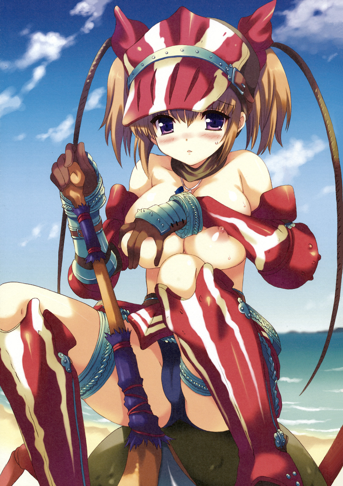capcom, monster hunter (series), breast hold, highres, 1girl, boots, breasts, brown hair, cleavage, covering privates, female focus, hermitaur (armor), knee boots, large breasts, nipples, purple eyes, sitting, solo