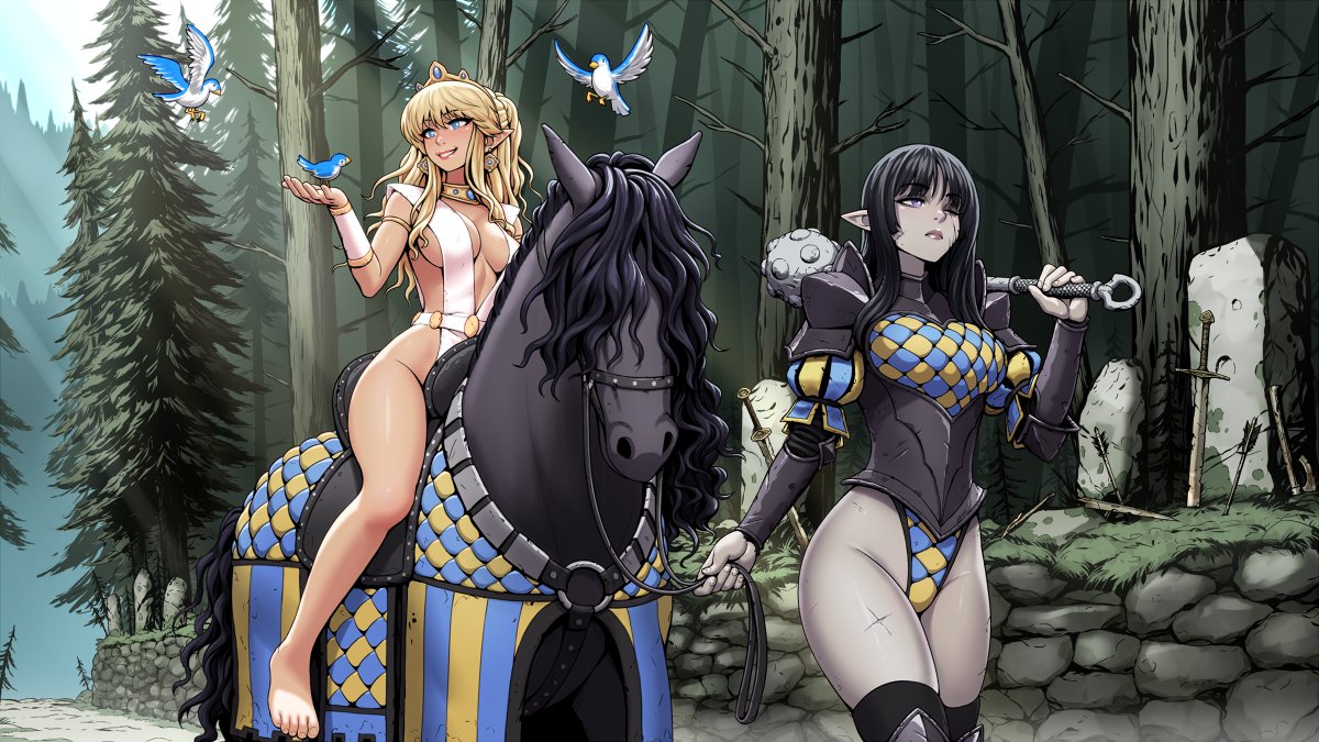 ronindude, original, commentary, english commentary, 2girls, animal, armor, barefoot, bird, black hair, blonde hair, breasts, center opening, dark-skinned female, dark skin, fantasy, forest, horse, horseback riding, jewelry, leotard, long hair, multiple girls, nature, no pants, outdoors, planted, planted sword, planted weapon, pointy ears, riding, sword, thighs, tiara, weapon